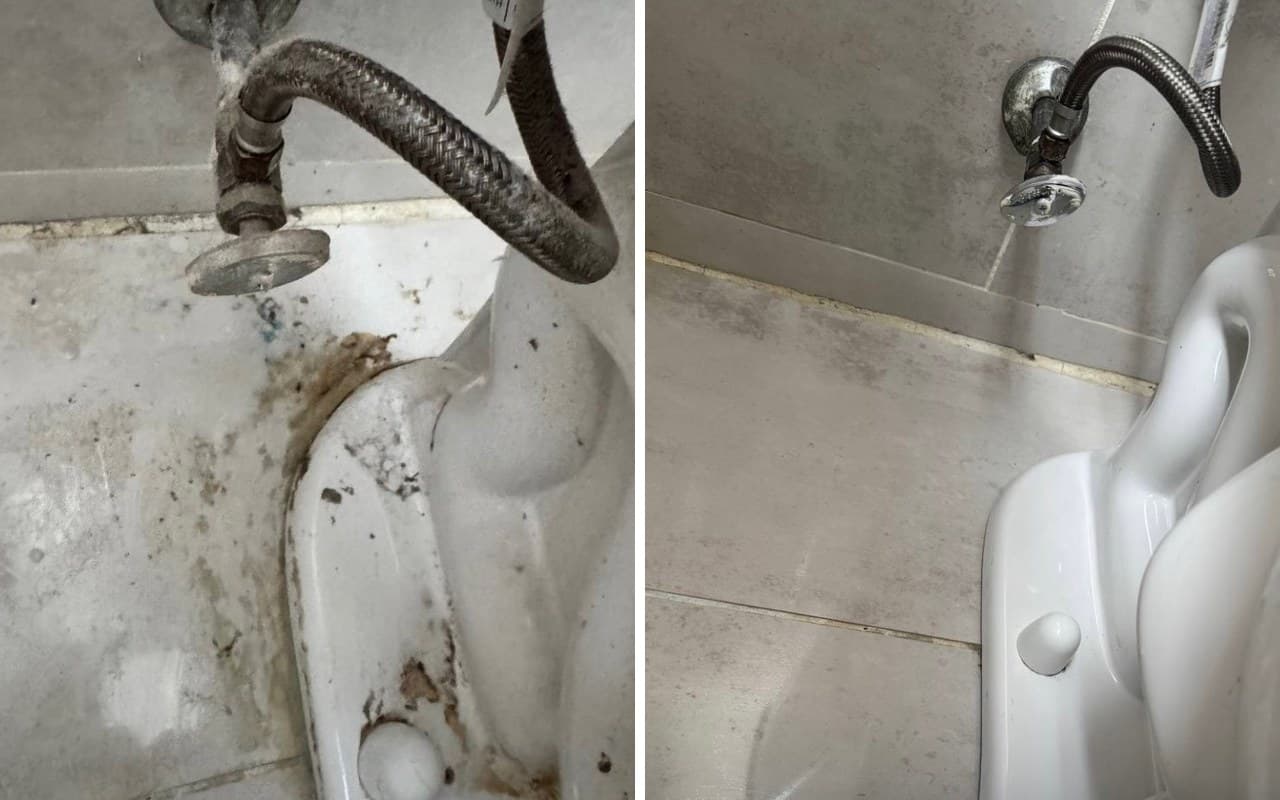 Before and after cleaning a toilet base and bathroom floor corner